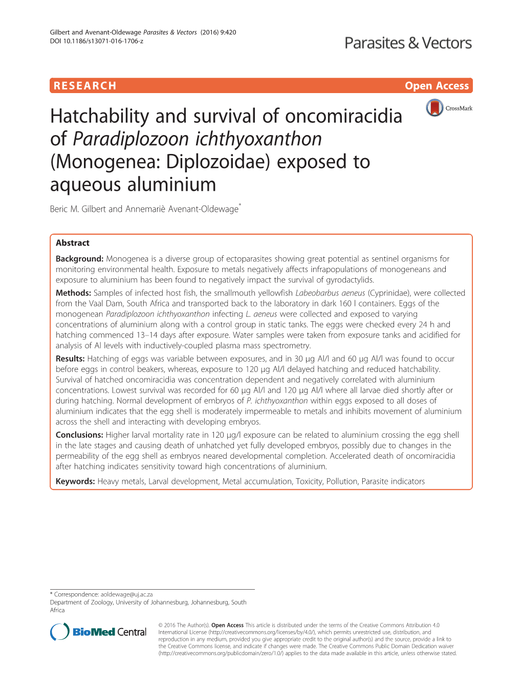 Monogenea: Diplozoidae) Exposed to Aqueous Aluminium Beric M