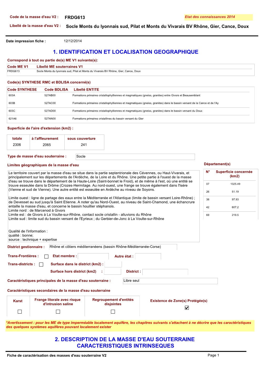 FRDG613 Etat Des Connaissances 2014 Libellé De La Masse D'eau V2 : Socle Monts Du Lyonnais Sud, Pilat Et Monts Du Vivarais BV Rhône, Gier, Cance, Doux