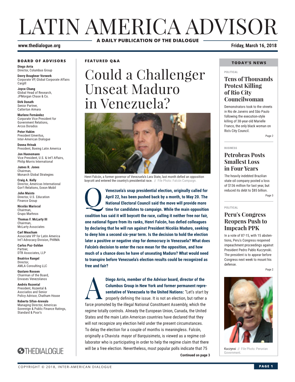 LATIN AMERICA ADVISOR a DAILY PUBLICATION of the DIALOGUE Friday, March 16, 2018