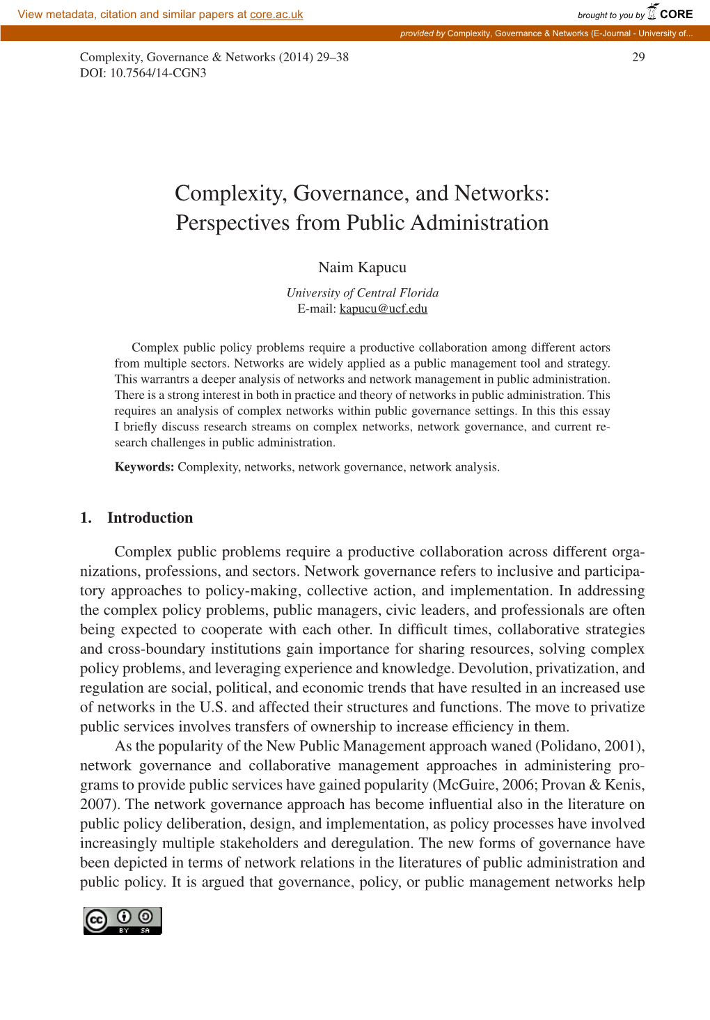 Complexity, Governance, and Networks: Perspectives from Public Administration