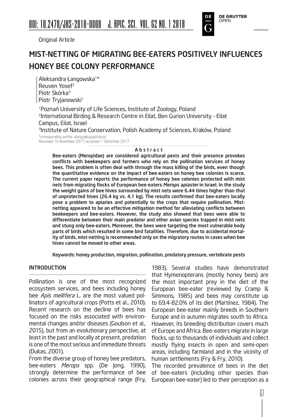 J. APIC. SCI. Vol. 62 No. 1 2018 DOI: 10.2478/JAS-2018-0008 J. APIC. SCI. VOL. 62 NO. 1 2018