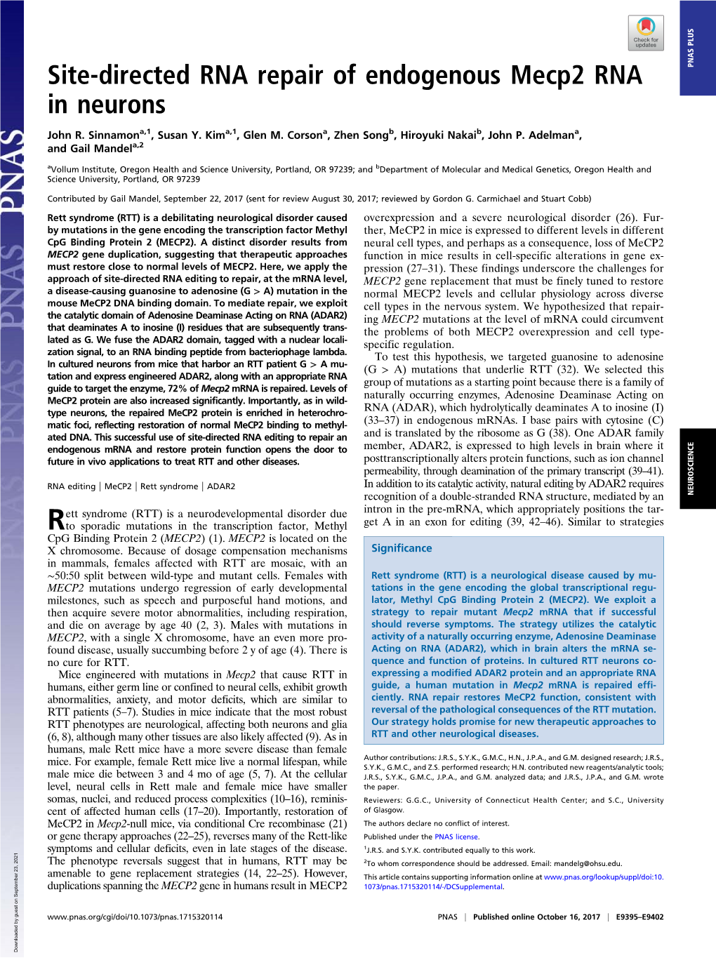 Site-Directed RNA Repair of Endogenous Mecp2 RNA in Neurons