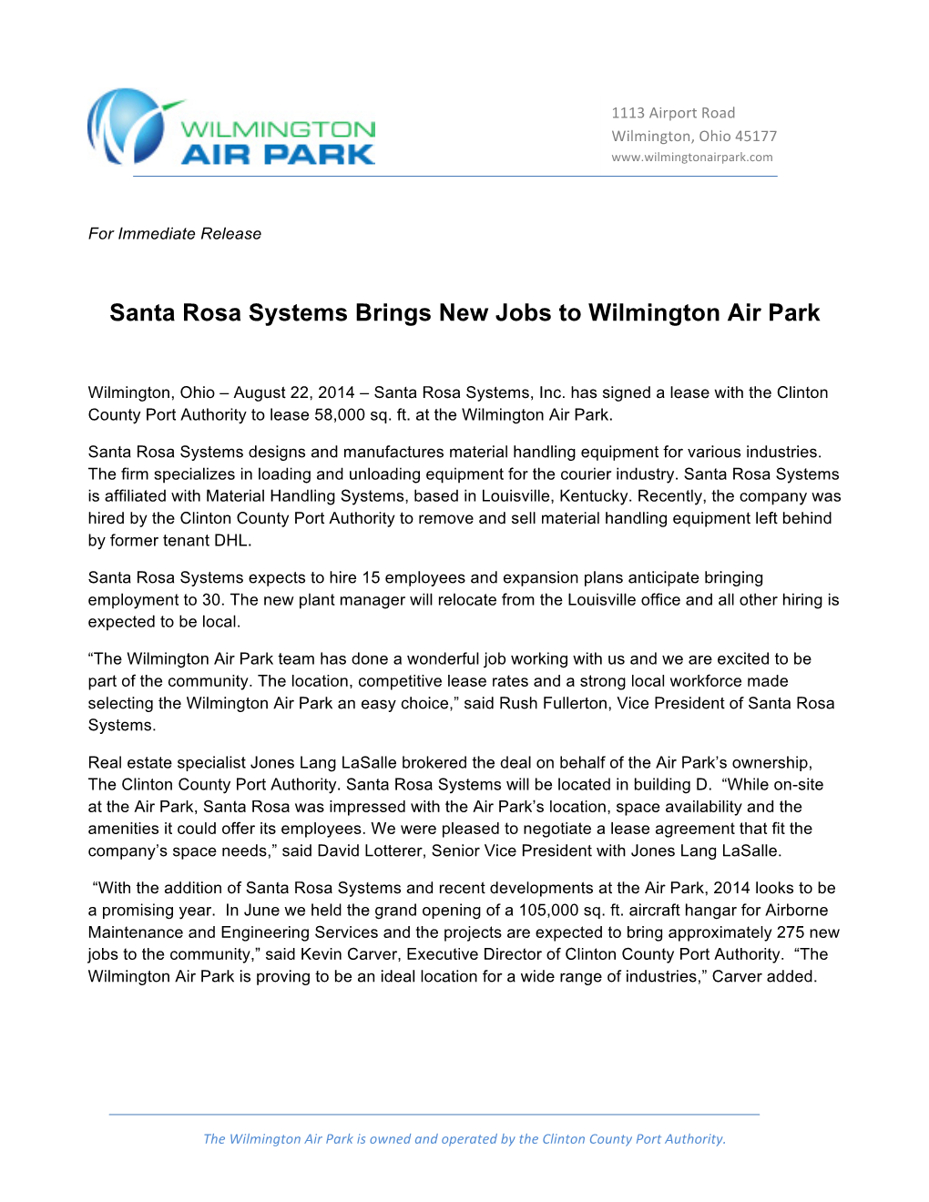 Santa Rosa Systems Brings New Jobs to Wilmington Air Park