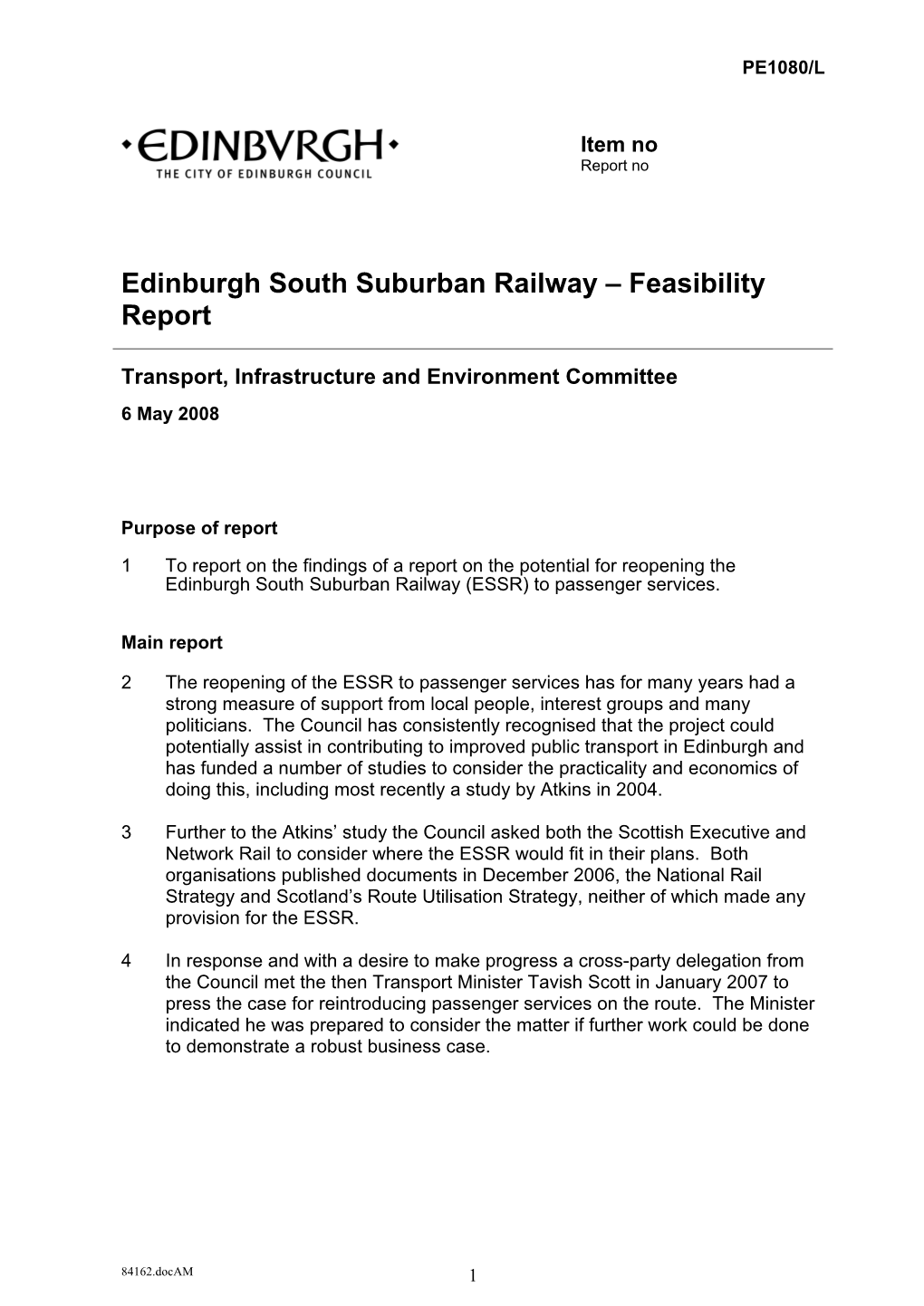 Edinburgh South Suburban Railway – Feasibility Report