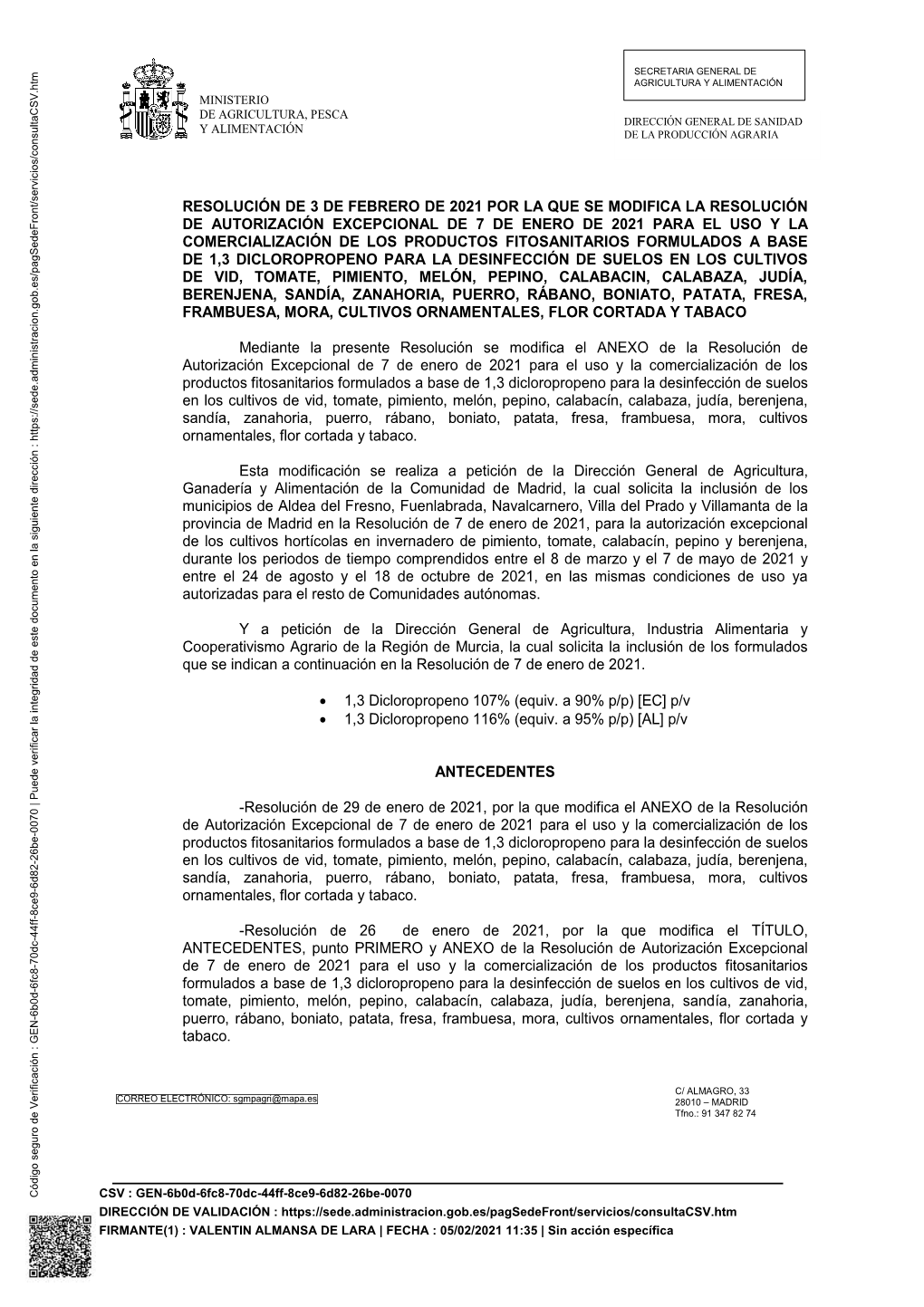 Resolución De Modificación De La Autorización Excepcional Para El