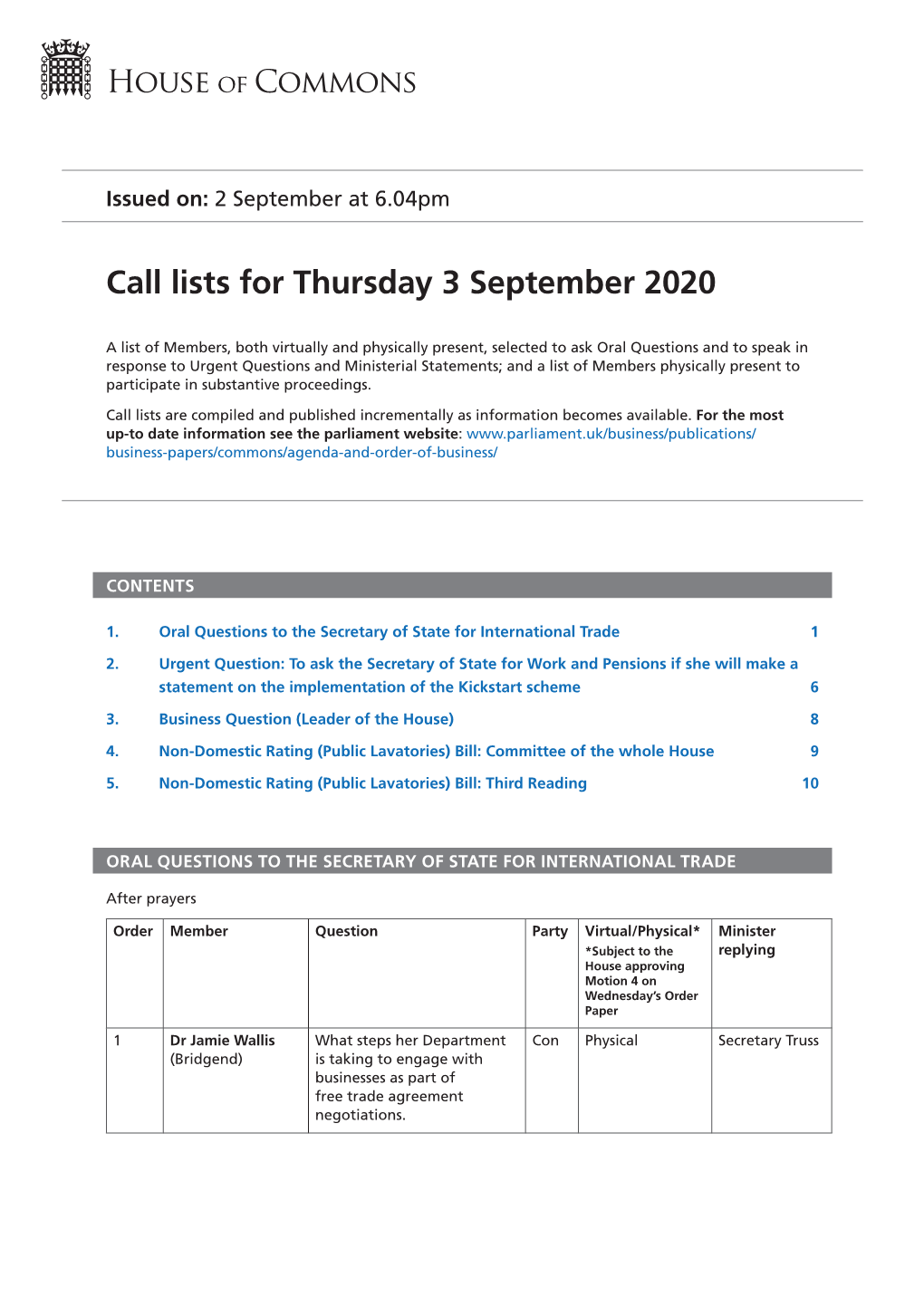 Call List for Thu 3 Sep 2020
