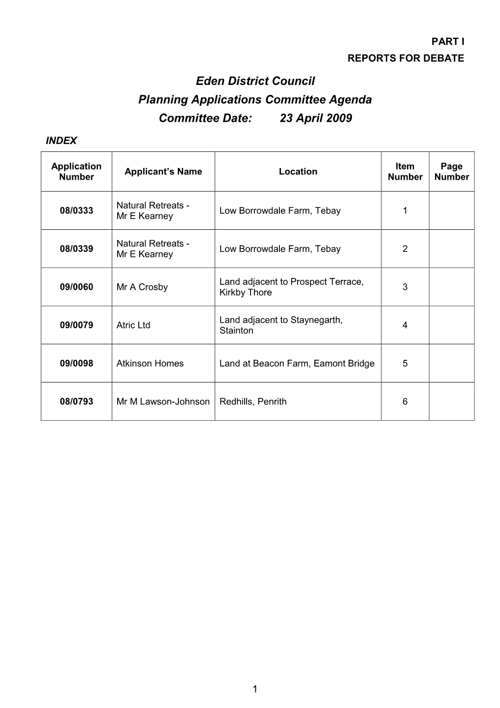 Planning Agenda 23 April 2009