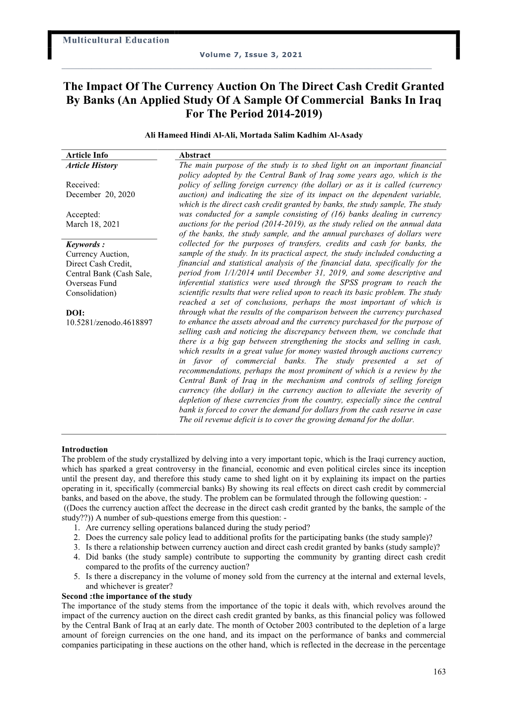 The Impact of the Currency Auction on the Direct Cash Credit Granted by Banks (An Applied Study of a Sample of Commercial Banks in Iraq for the Period 2014-2019)