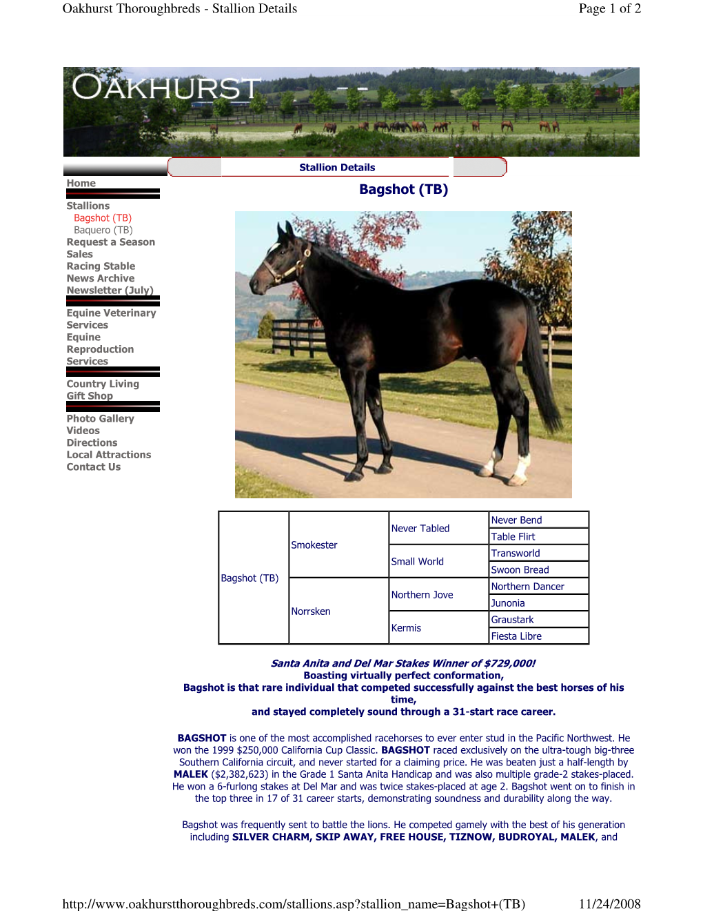 Bagshot (TB) Page 1 of 2 Oakhurst Thoroughbreds