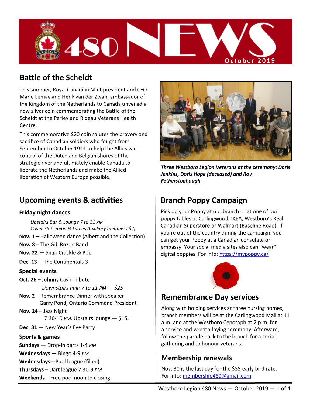 Battle of the Scheldt Remembrance Day Services Branch Poppy Campaign Upcoming Events & Activities