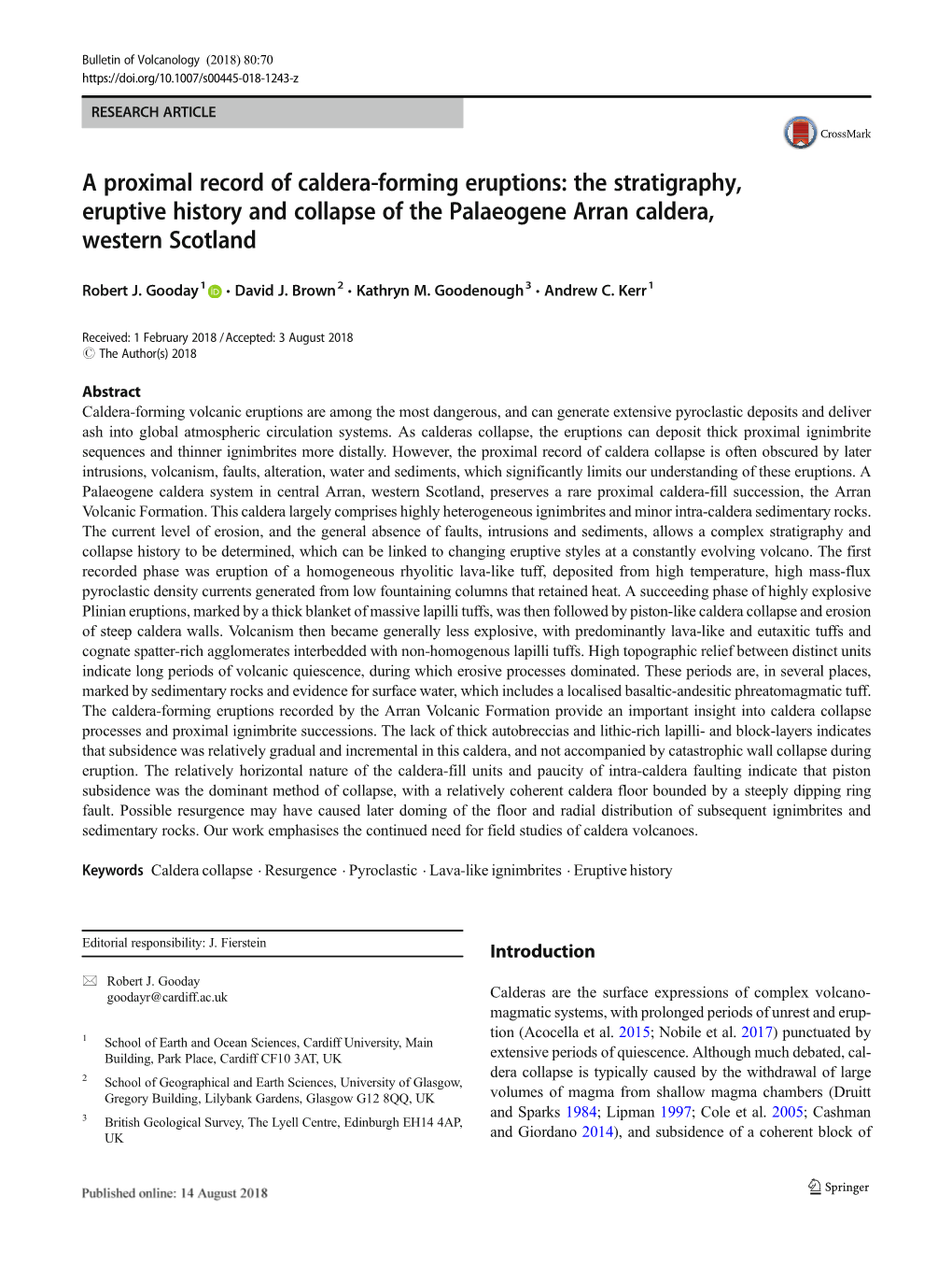 A Proximal Record of Caldera-Forming Eruptions: the Stratigraphy, Eruptive History and Collapse of the Palaeogene Arran Caldera, Western Scotland