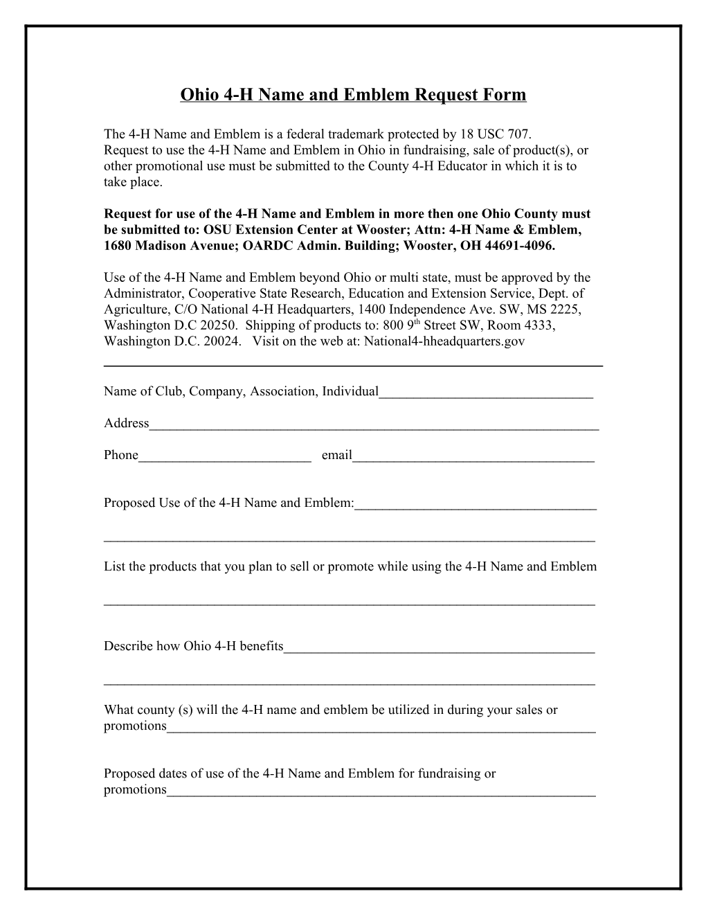 Ohio 4-H Name and Emblem and Fundraising Request Form