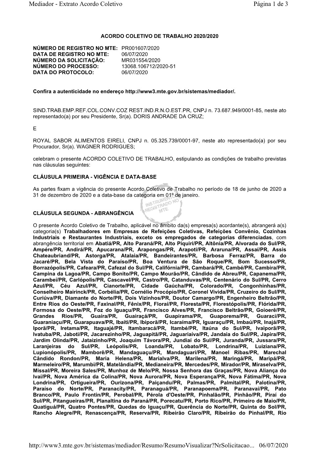 ACT – Redução Intervalo Intra Jornada – Empresa Royal Sabor