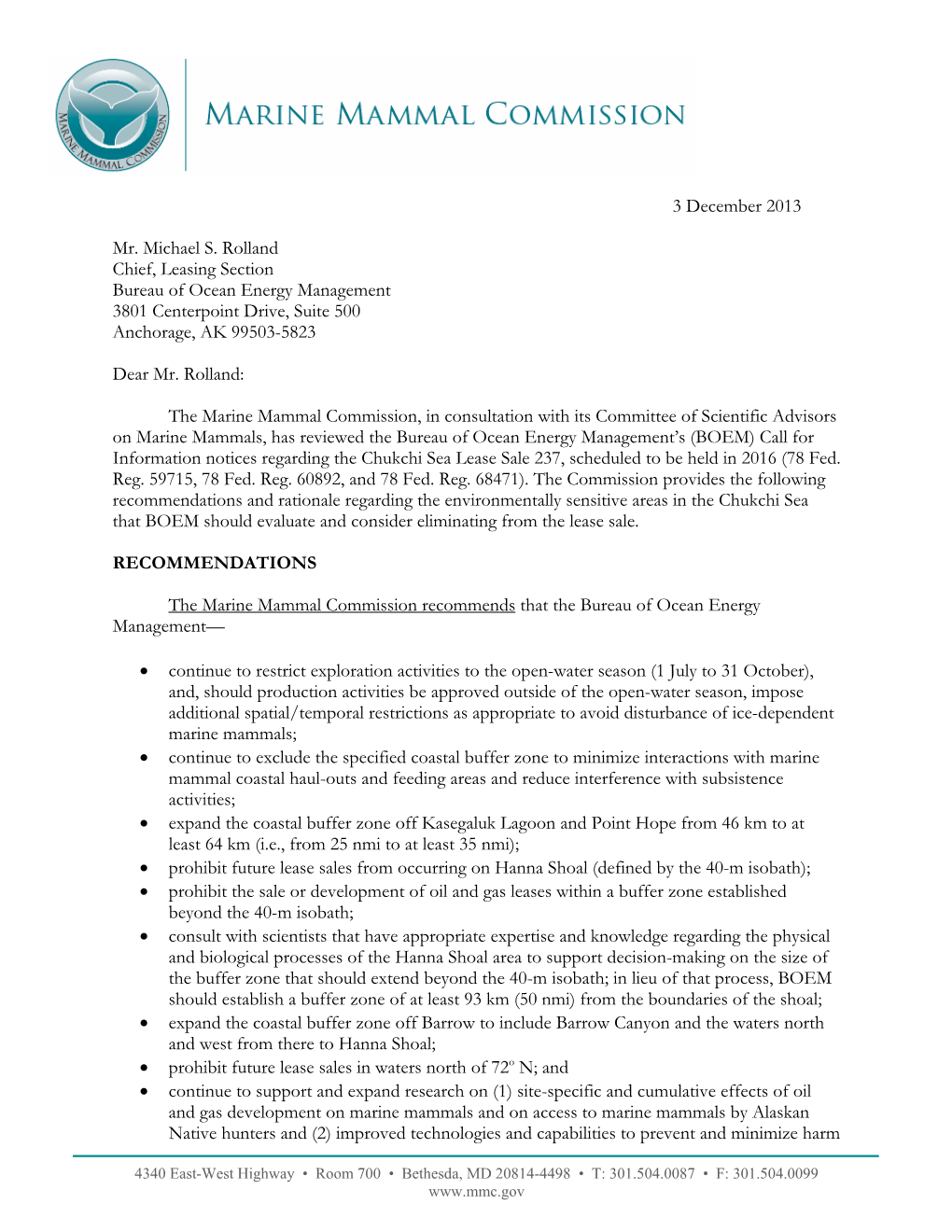 Letter to BOEM on Its Call for Information Regarding the Chukchi