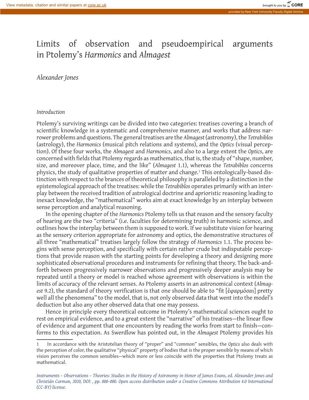 Limits of Observation and Pseudoempirical Arguments in Ptolemy’S Harmonics and Almagest