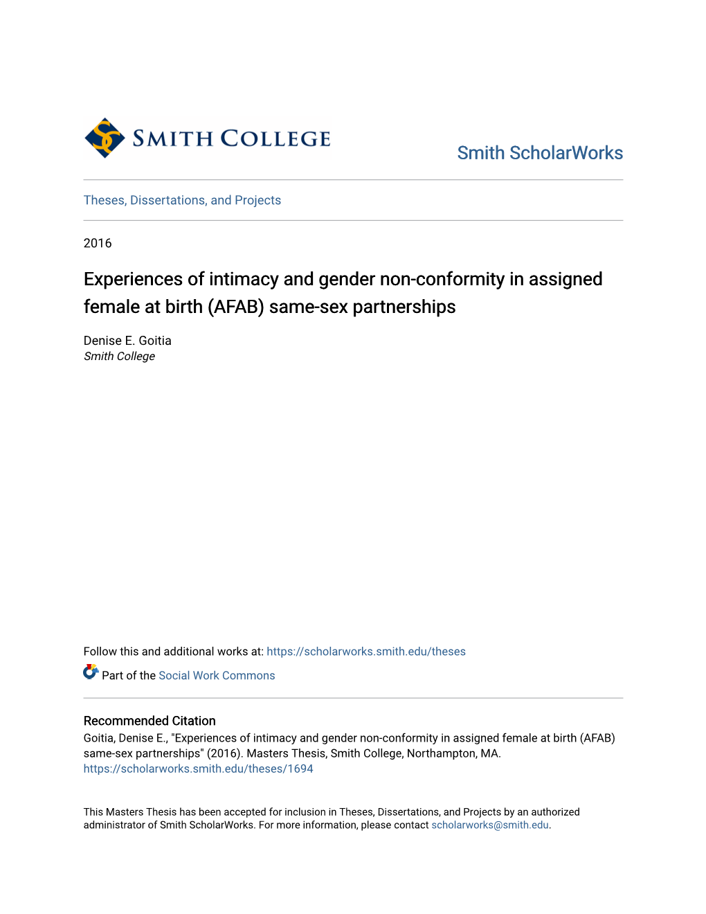 Experiences of Intimacy and Gender Non-Conformity in Assigned Female at Birth (AFAB) Same-Sex Partnerships