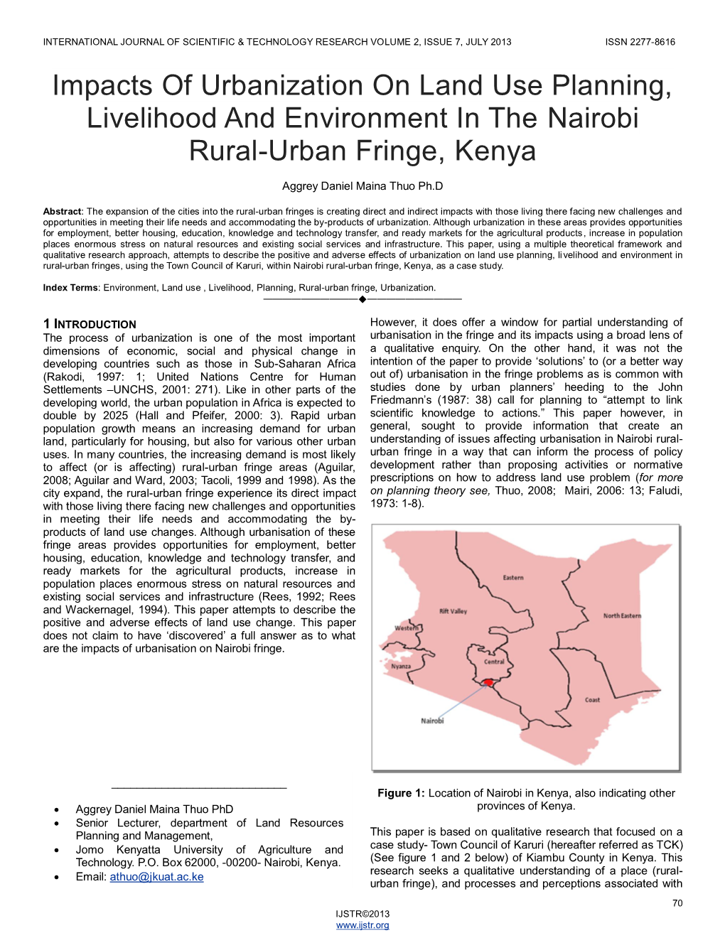 Impacts of Urbanization on Land Use Planning, Livelihood and Environment in the Nairobi Rural-Urban Fringe, Kenya