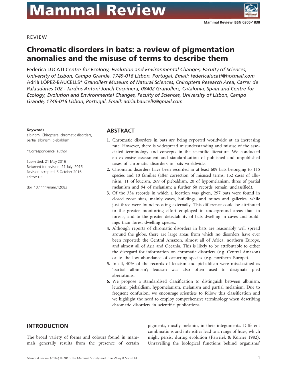 Chromatic Disorders in Bats: a Review of Pigmentation Anomalies and the Misuse of Terms to Describe Them