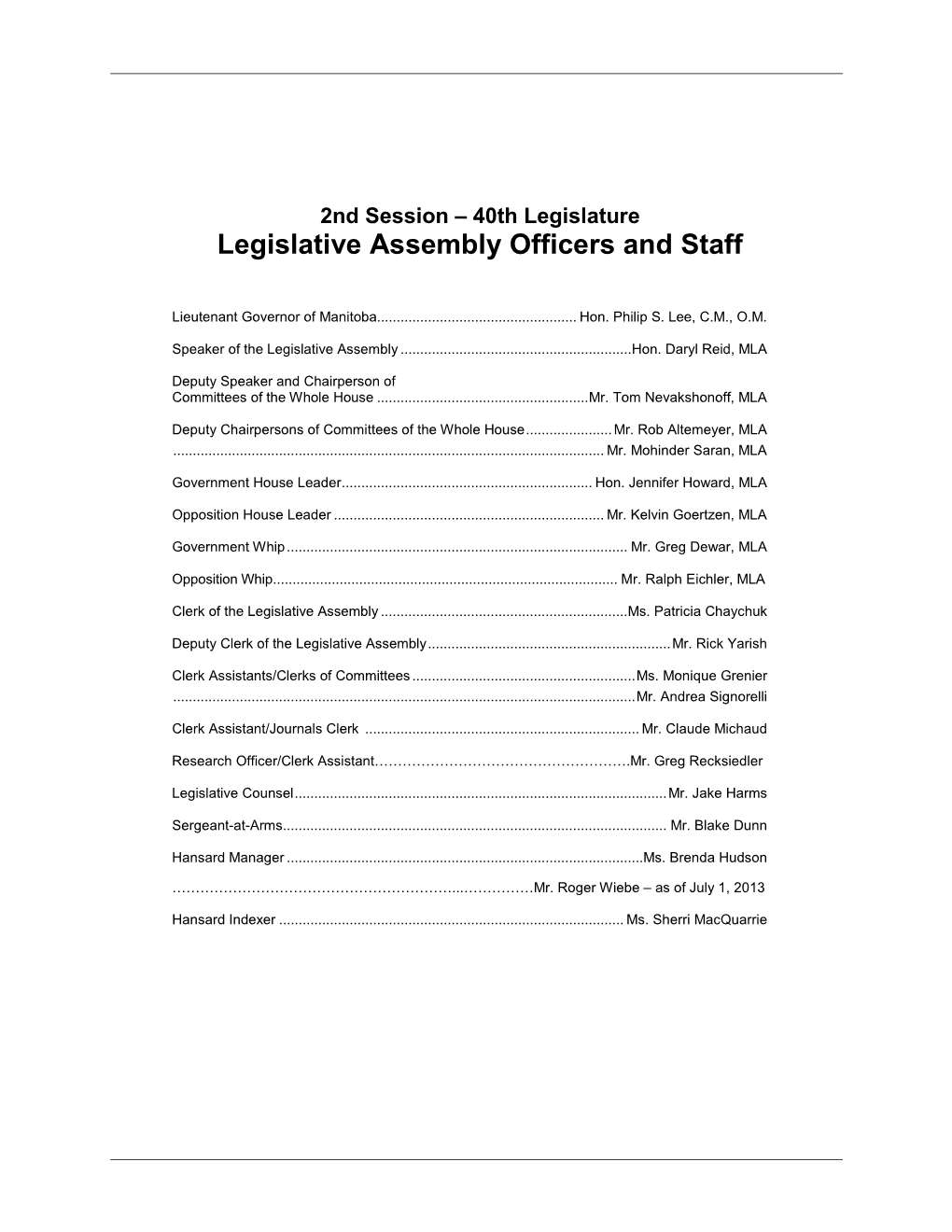 Legislative Assembly Officers and Staff