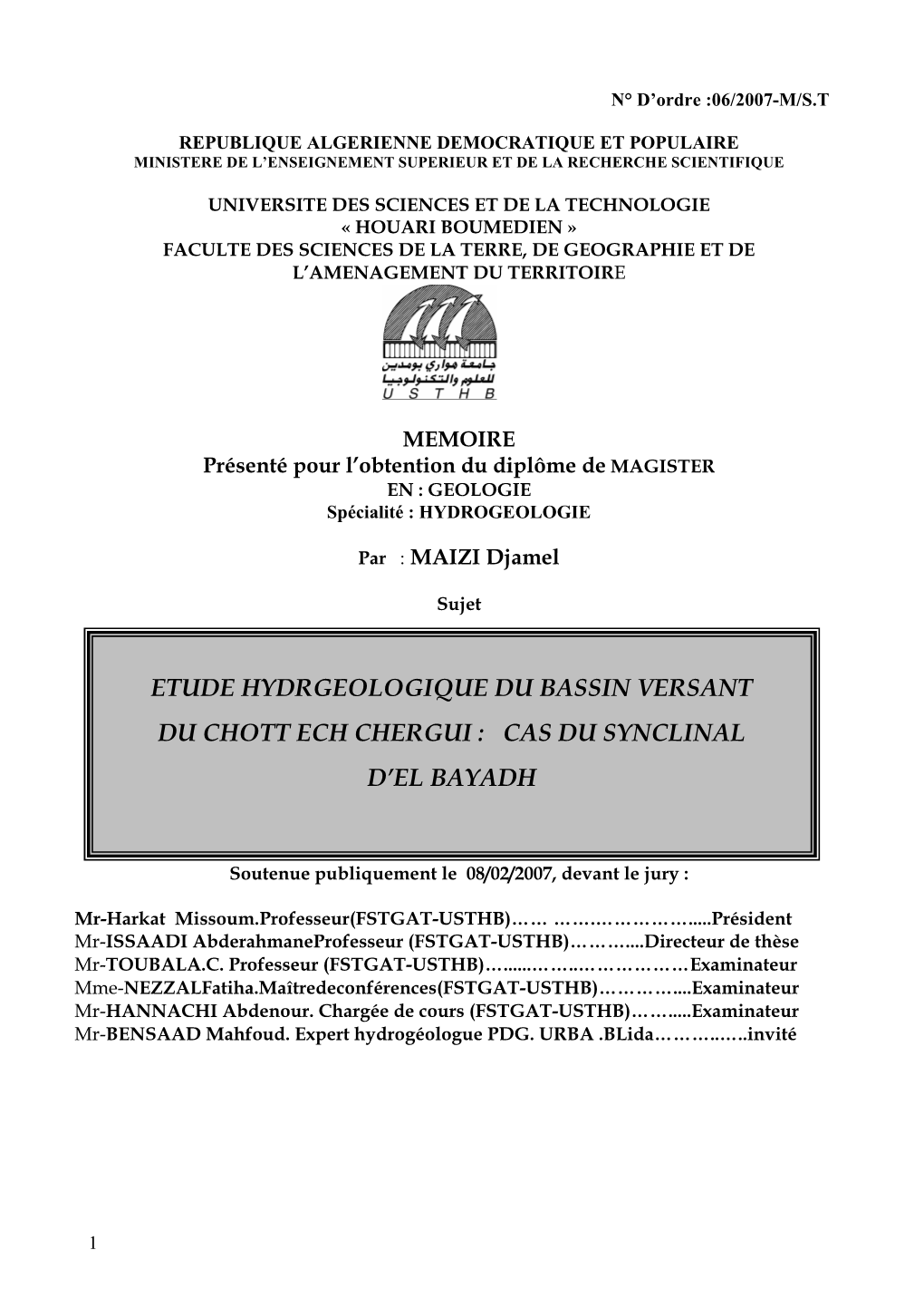 Etude Hydrogéologique Du Bassin Versant Du Chott Ech