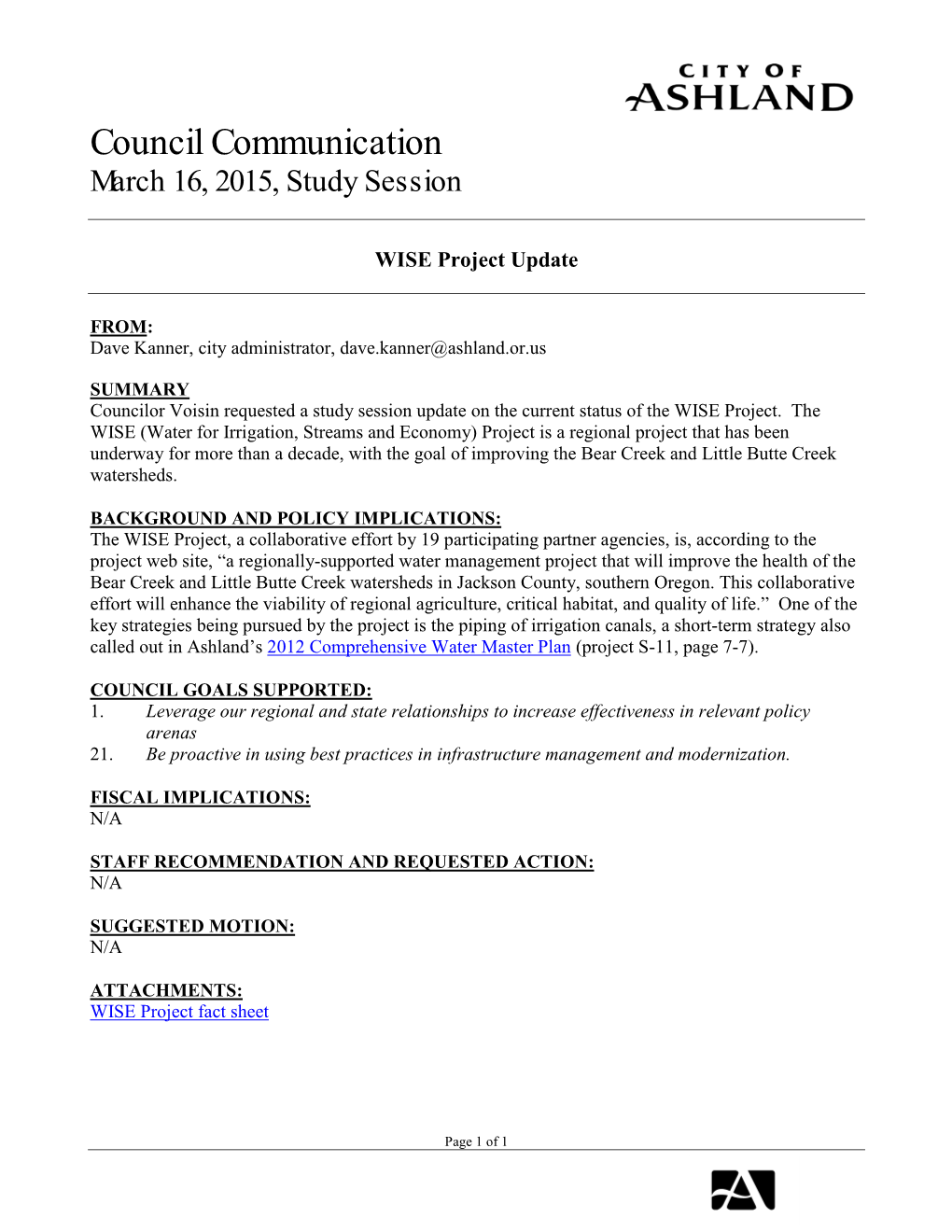 Council Communication March 16, 2015, Study Session