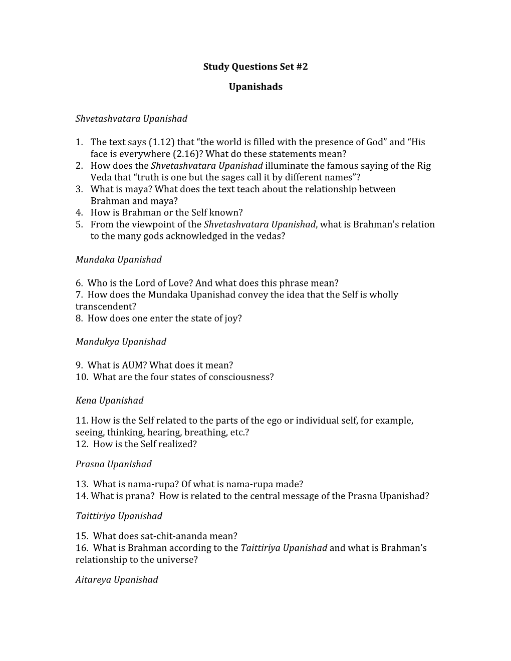 Study Questions Set #2 Upanishads