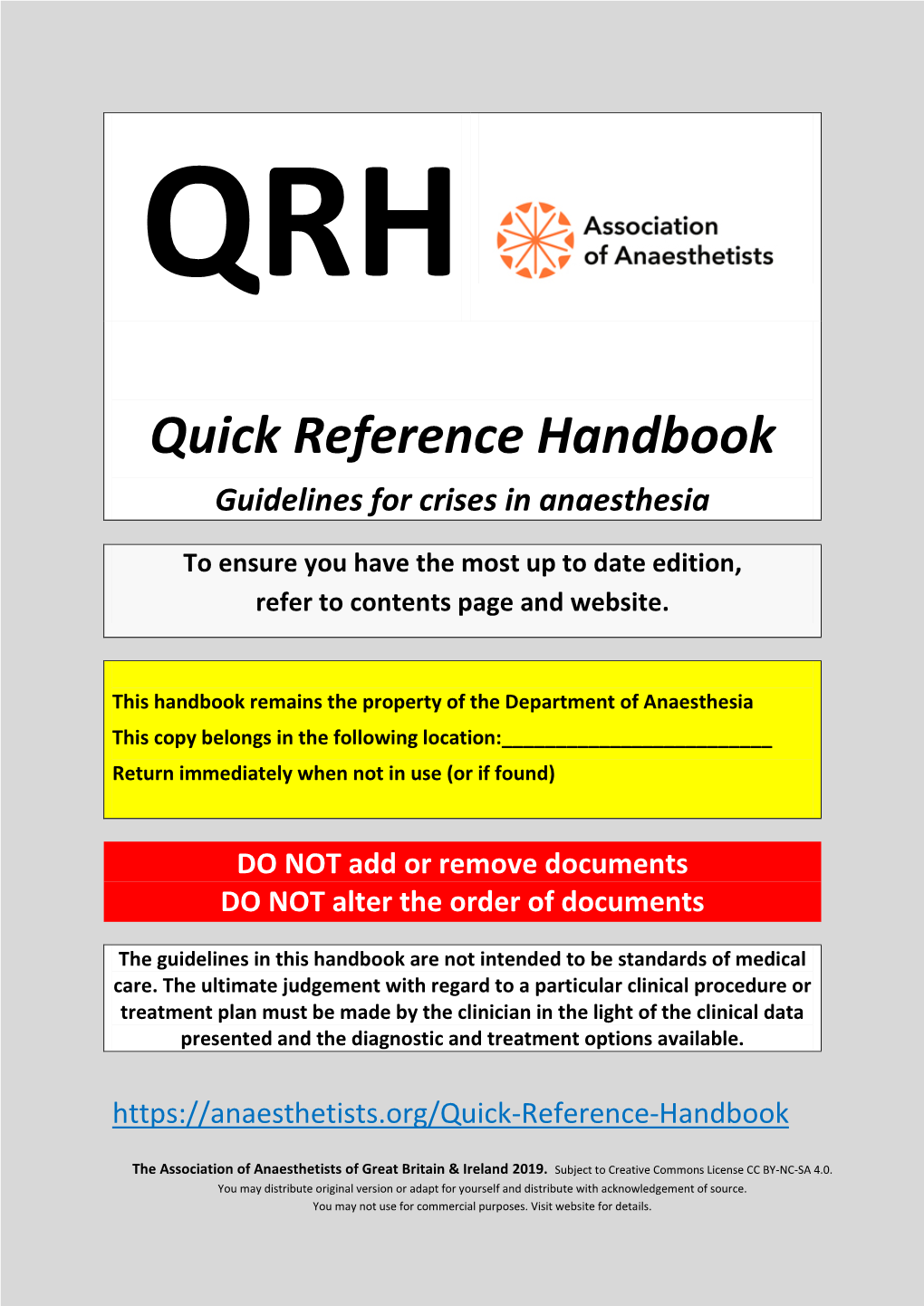 Quick Reference Handbook Guidelines for Crises in Anaesthesia