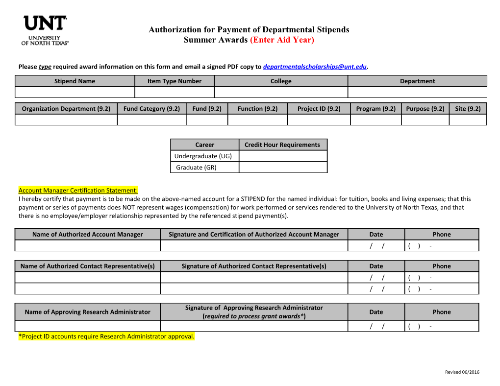 Authorization for Payment of Departmental Scholarships