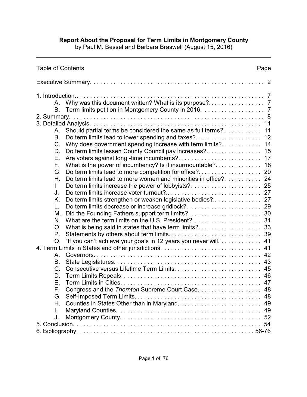 Report About the Proposal for Term Limits in Montgomery County by Paul M. Bessel and Barbara Braswell (August 15, 2016) Table Of