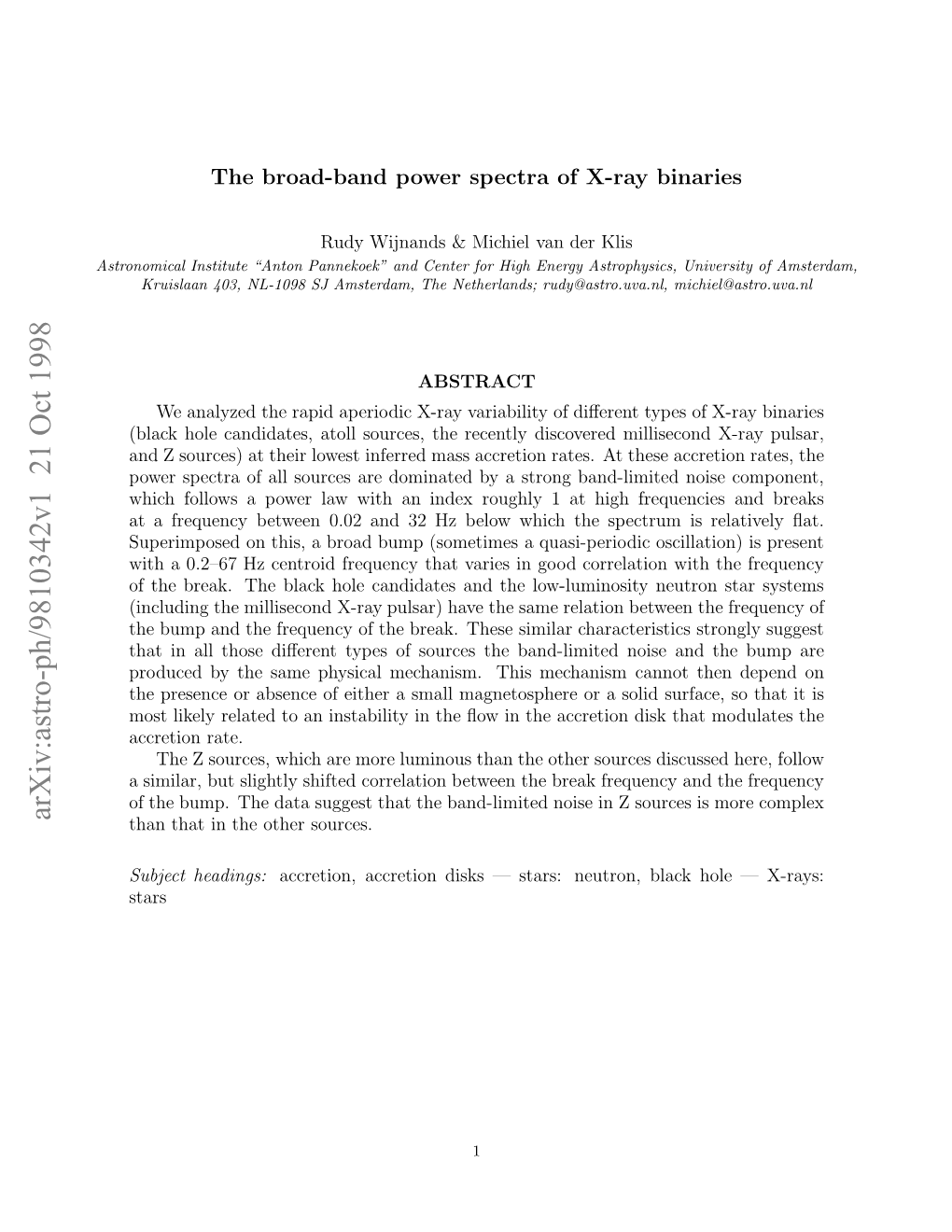 Arxiv:Astro-Ph/9810342V1 21 Oct 1998 Srnmclisiue“No Anke”Adcne O Hi for Center and Pannekoek” “Anton Institute Astronomical Stars Headings: Subject Sourc Z in Sources