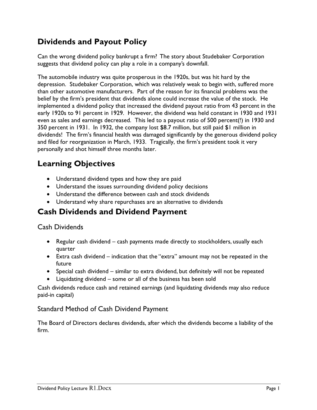 Dividend Policy Lecture R1.Docx Page 1 Dividend Payment Chronology