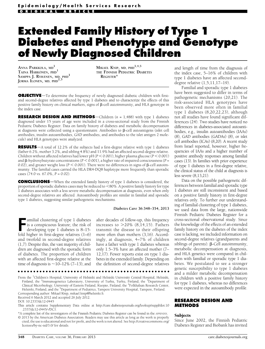 Extended Family History of Type 1 Diabetes and Phenotype and Genotype of Newly Diagnosed Children