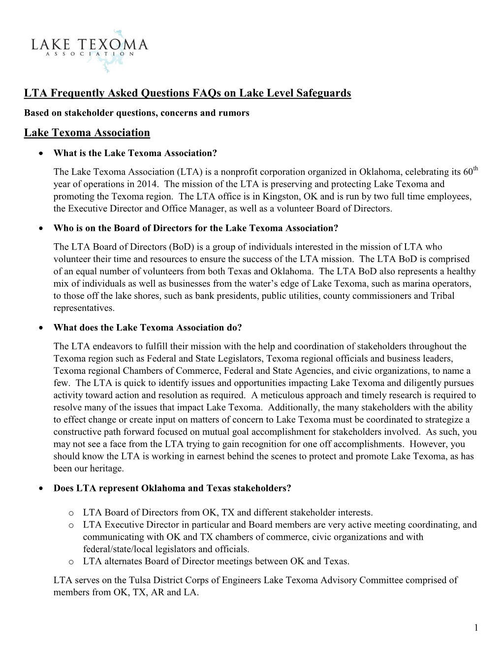 LTA Frequently Asked Questions Faqs on Lake Level Safeguards