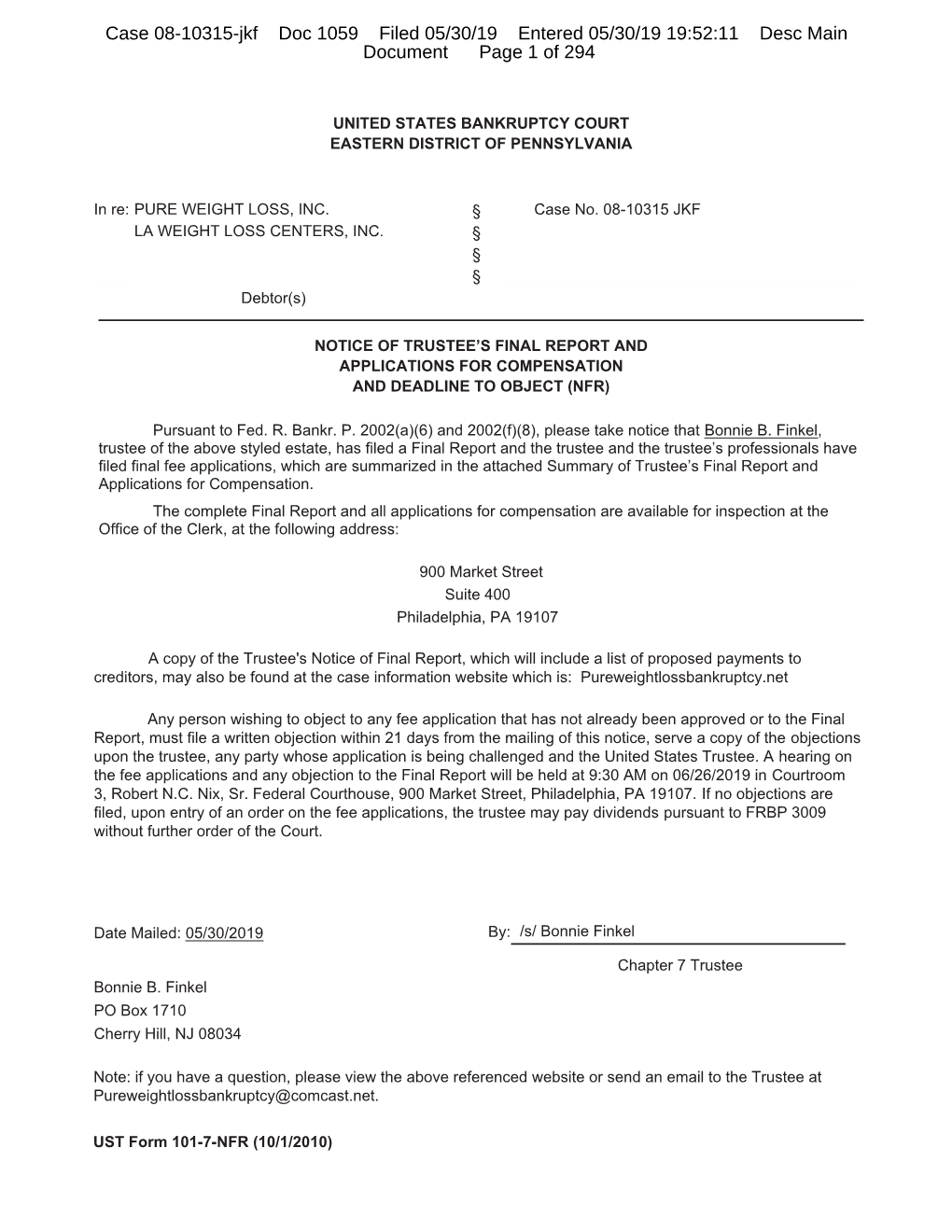 Case 08-10315-Jkf Doc 1059 Filed 05/30/19 Entered 05/30/19 19:52:11 Desc Main Document Page 1 of 294