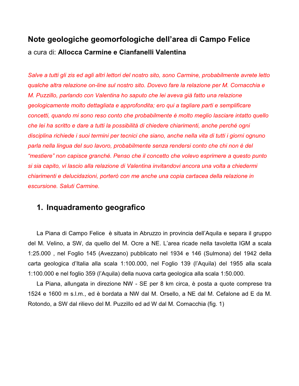 Note Geologiche Geomorfologiche Dell'area Di Campo Felice