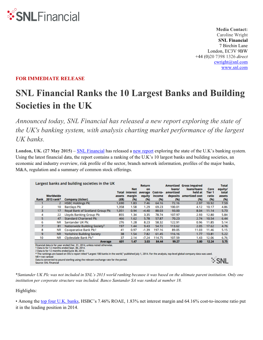 SNL Financial Ranks the 10 Largest Banks and Building Societies in the UK