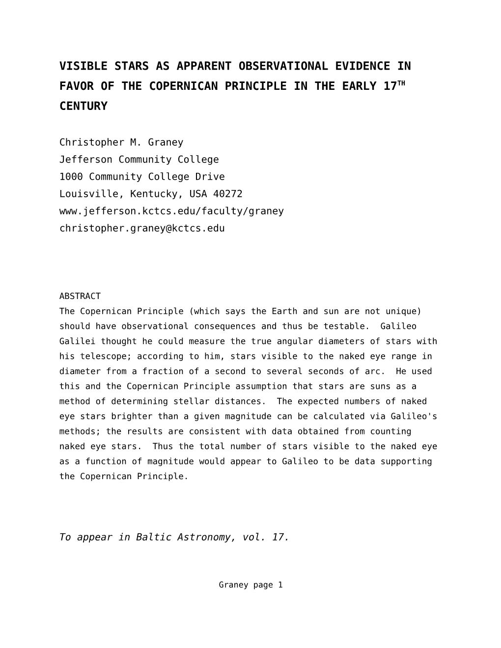 Visible Stars As Apparent Observational Evidence in Favor of the Copernican Principle in the Early 17Th Century