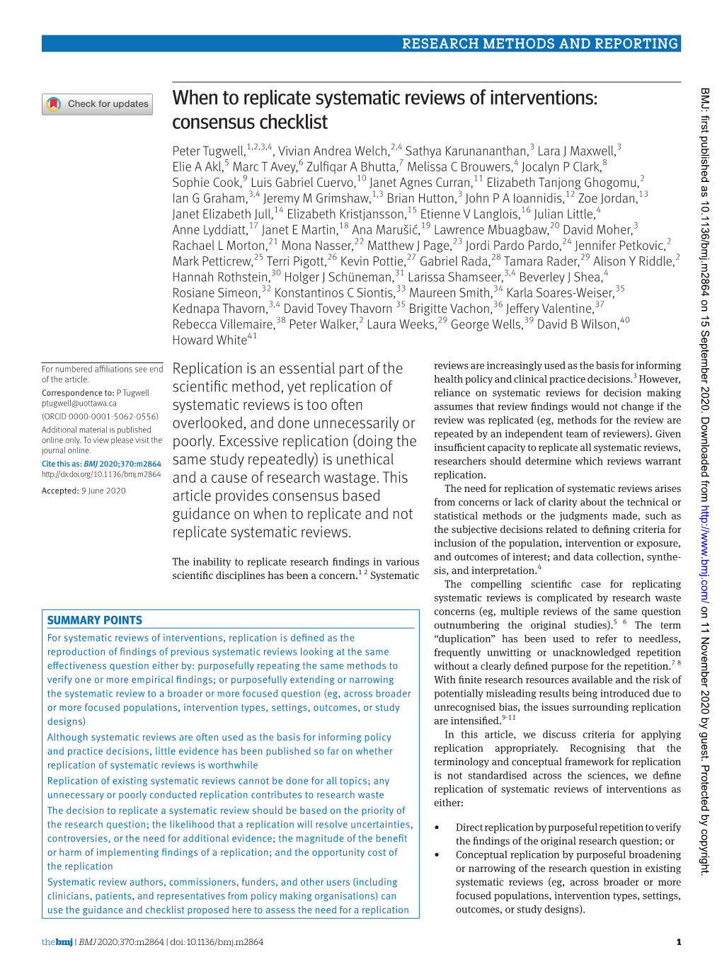 When to Replicate Systematic Reviews of Interventions: Consensus Checklist