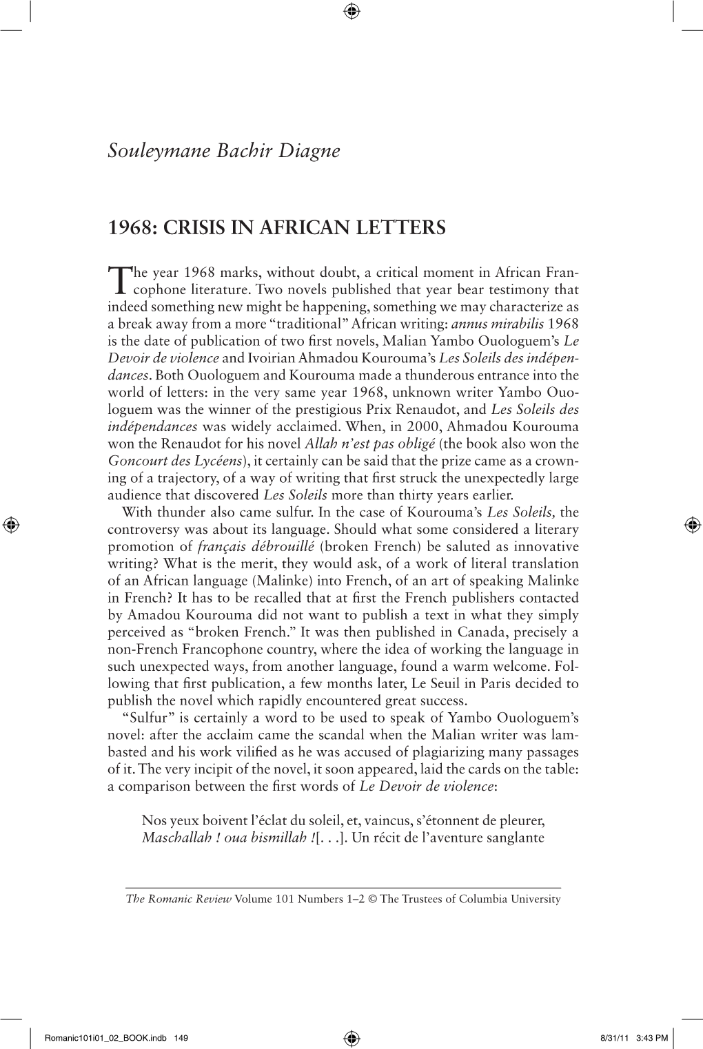 Souleymane Bachir Diagne 1968: CRISIS in AFRICAN LETTERS