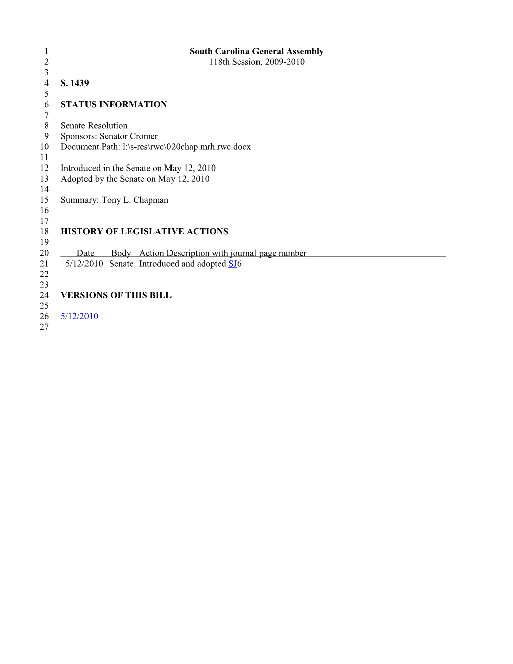 2009-2010 Bill 1439: Tony L. Chapman - South Carolina Legislature Online