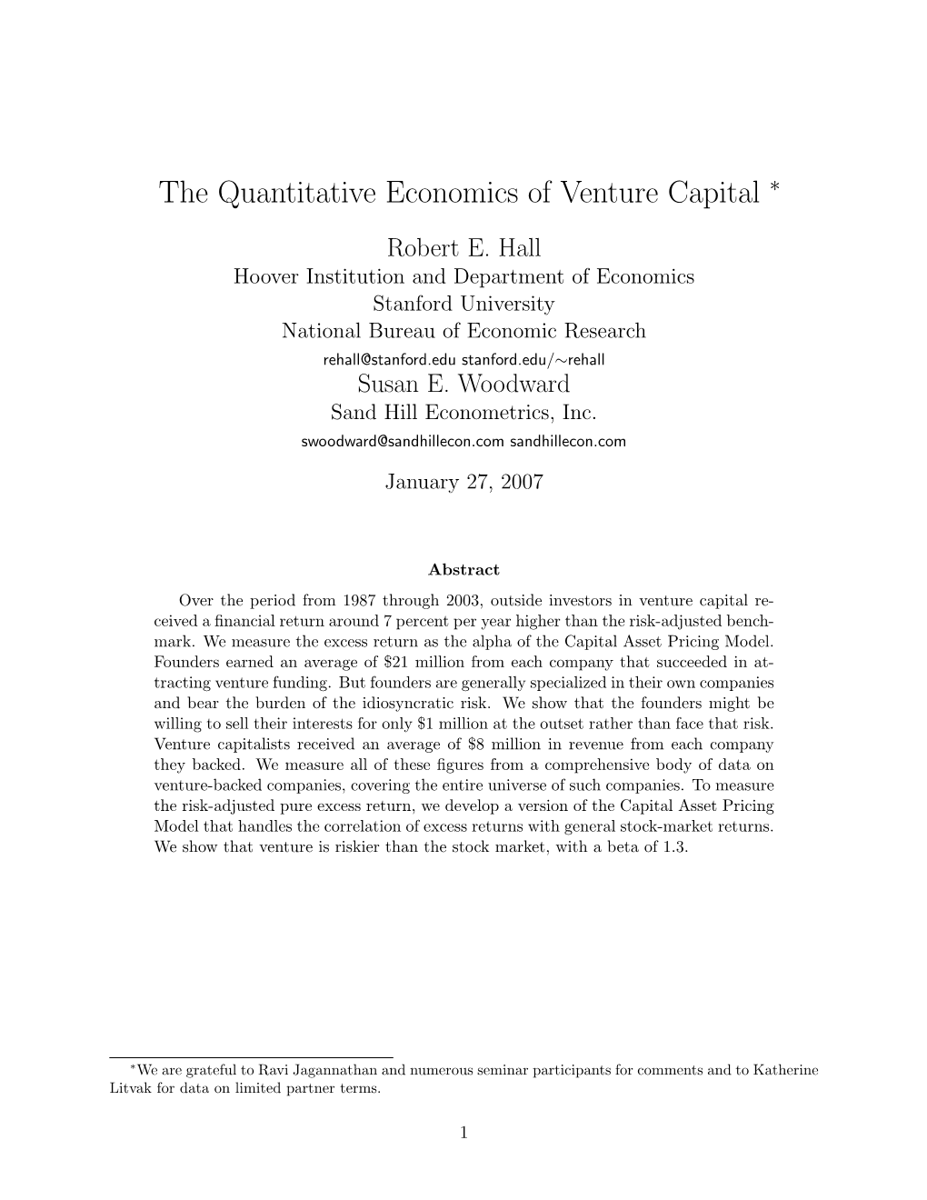 The Quantitative Economics of Venture Capital ∗