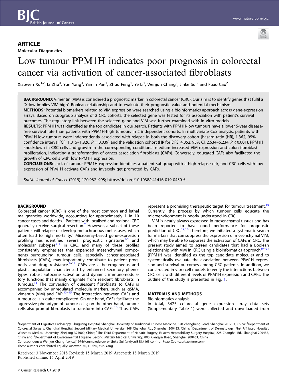 Low Tumour PPM1H Indicates Poor Prognosis in Colorectal Cancer Via Activation of Cancer-Associated ﬁbroblasts