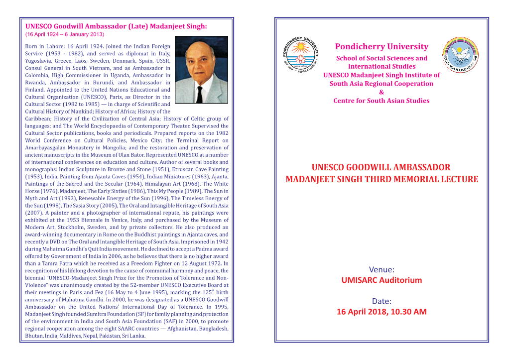 Unesco Goodwill Ambassador Madanjeet Singh Memorial Lecture Third