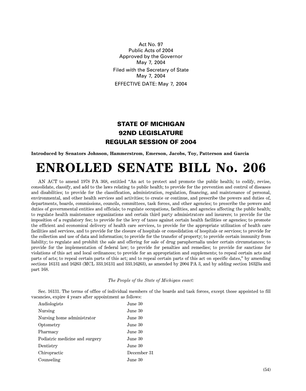 ENROLLED SENATE BILL No. 206