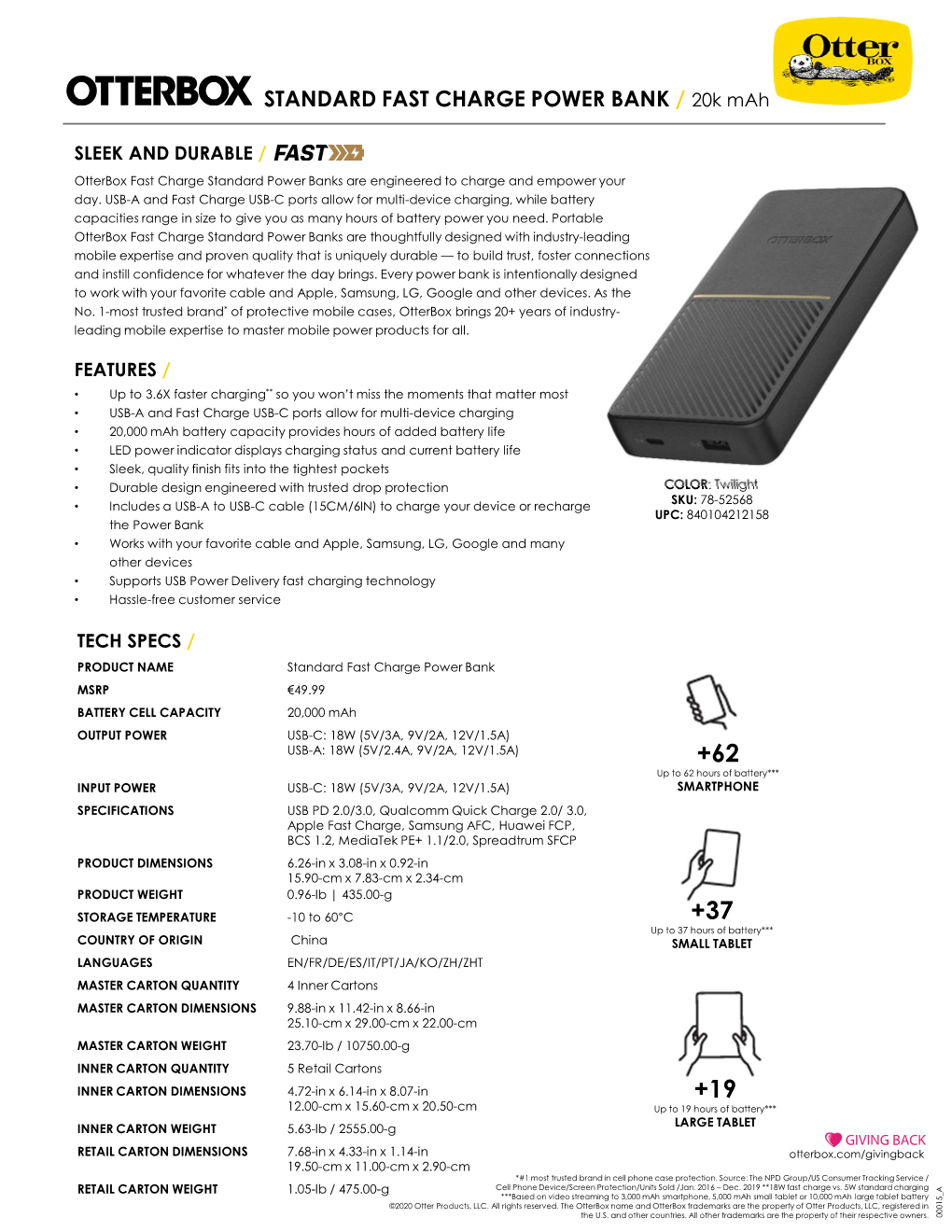 STANDARD FAST CHARGE POWER BANK / 20K Mah