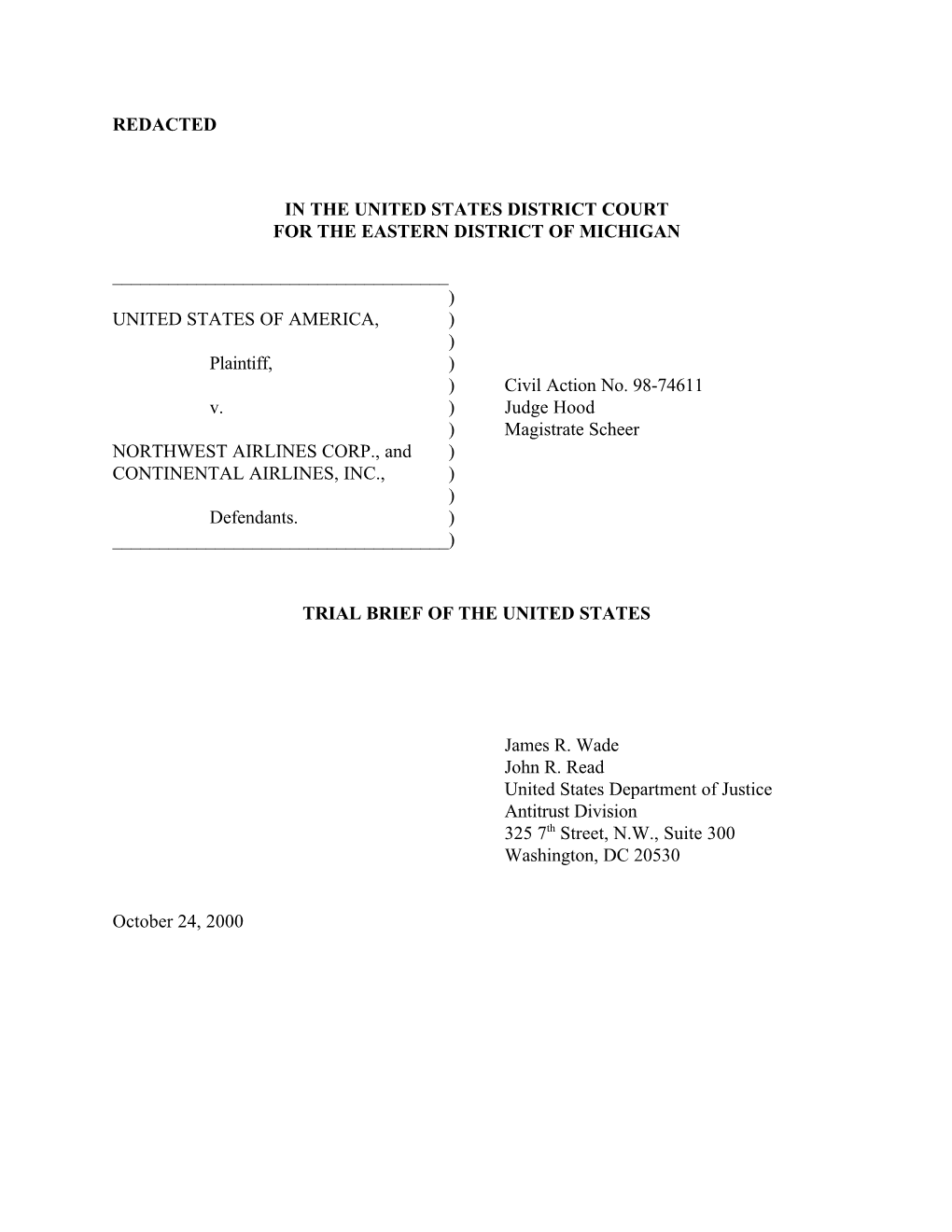 US V. Northwest Airlines Corporation and Continental Airlines, Inc