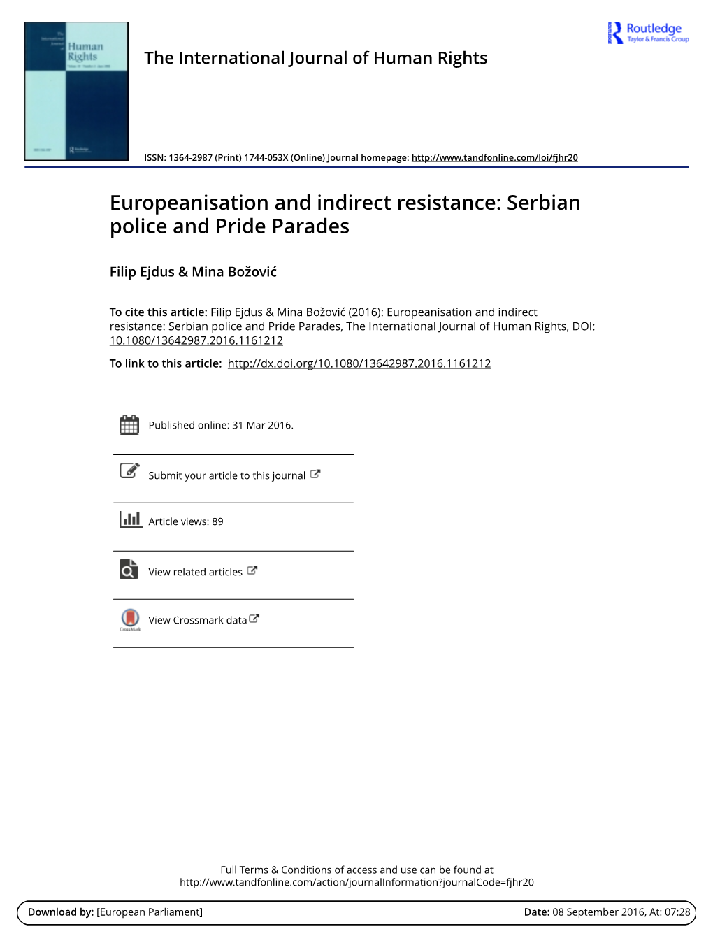 Europeanisation and Indirect Resistance: Serbian Police and Pride Parades