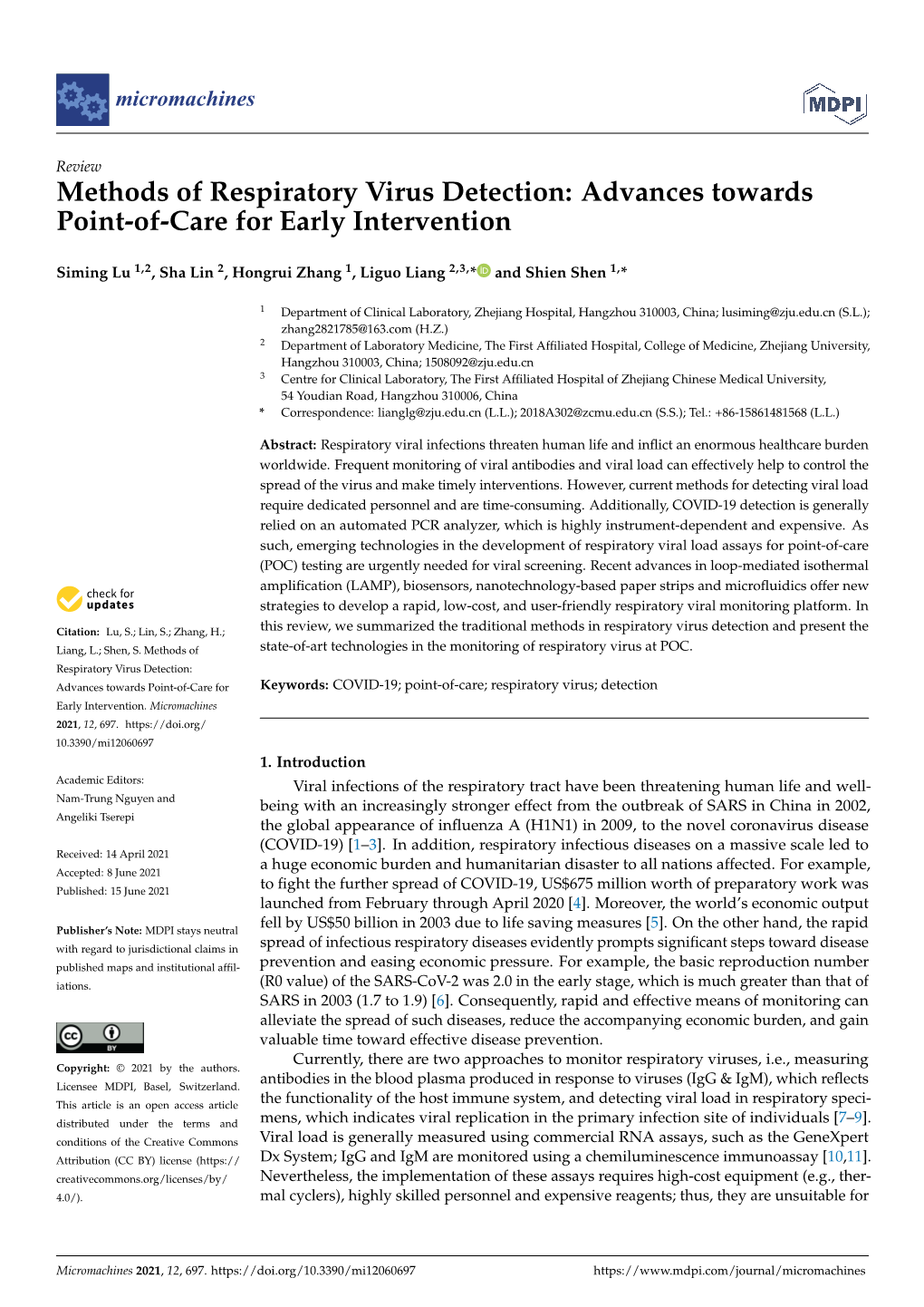 Methods of Respiratory Virus Detection: Advances Towards Point-Of-Care for Early Intervention