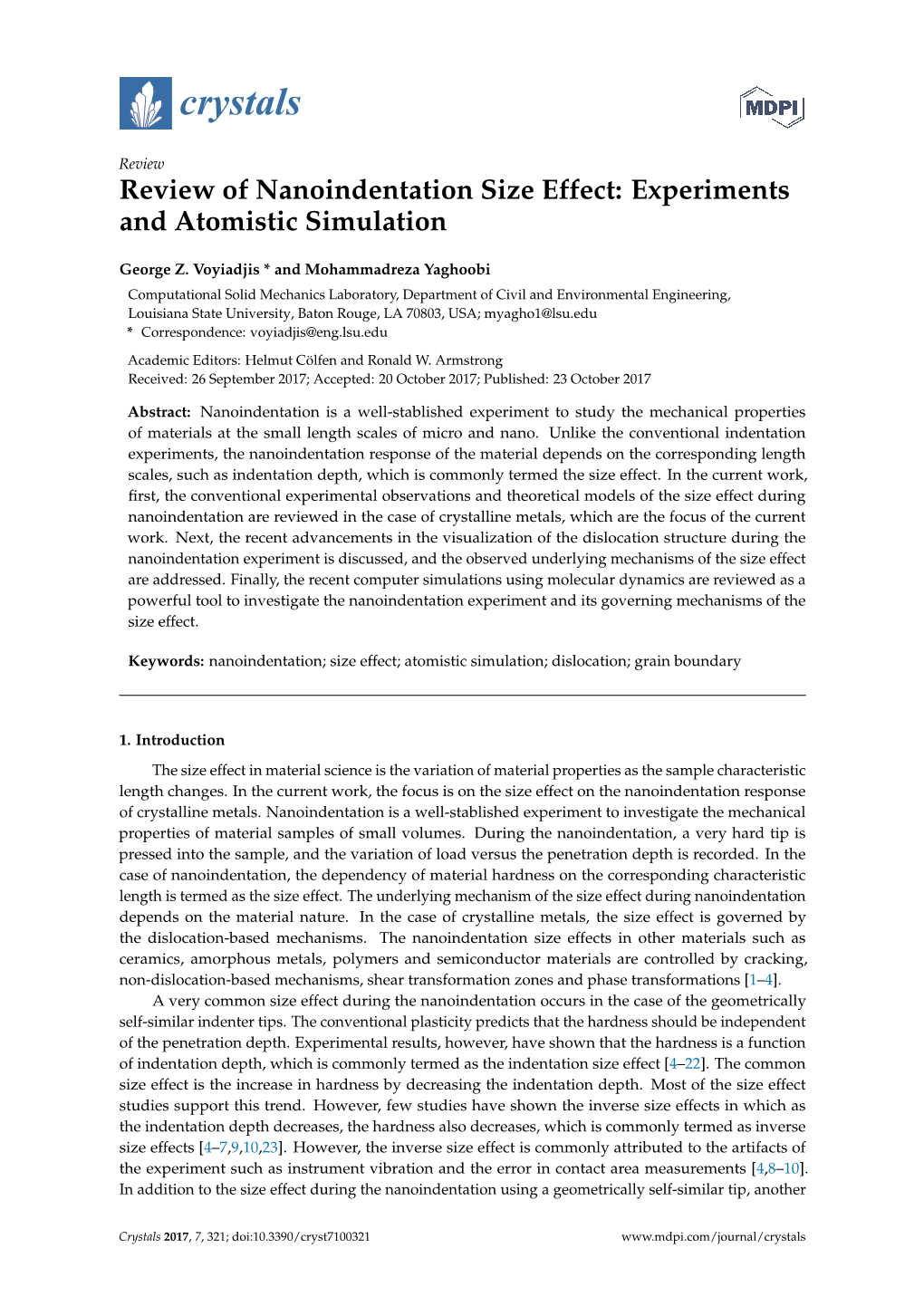 Review of Nanoindentation Size Effect: Experiments and Atomistic Simulation