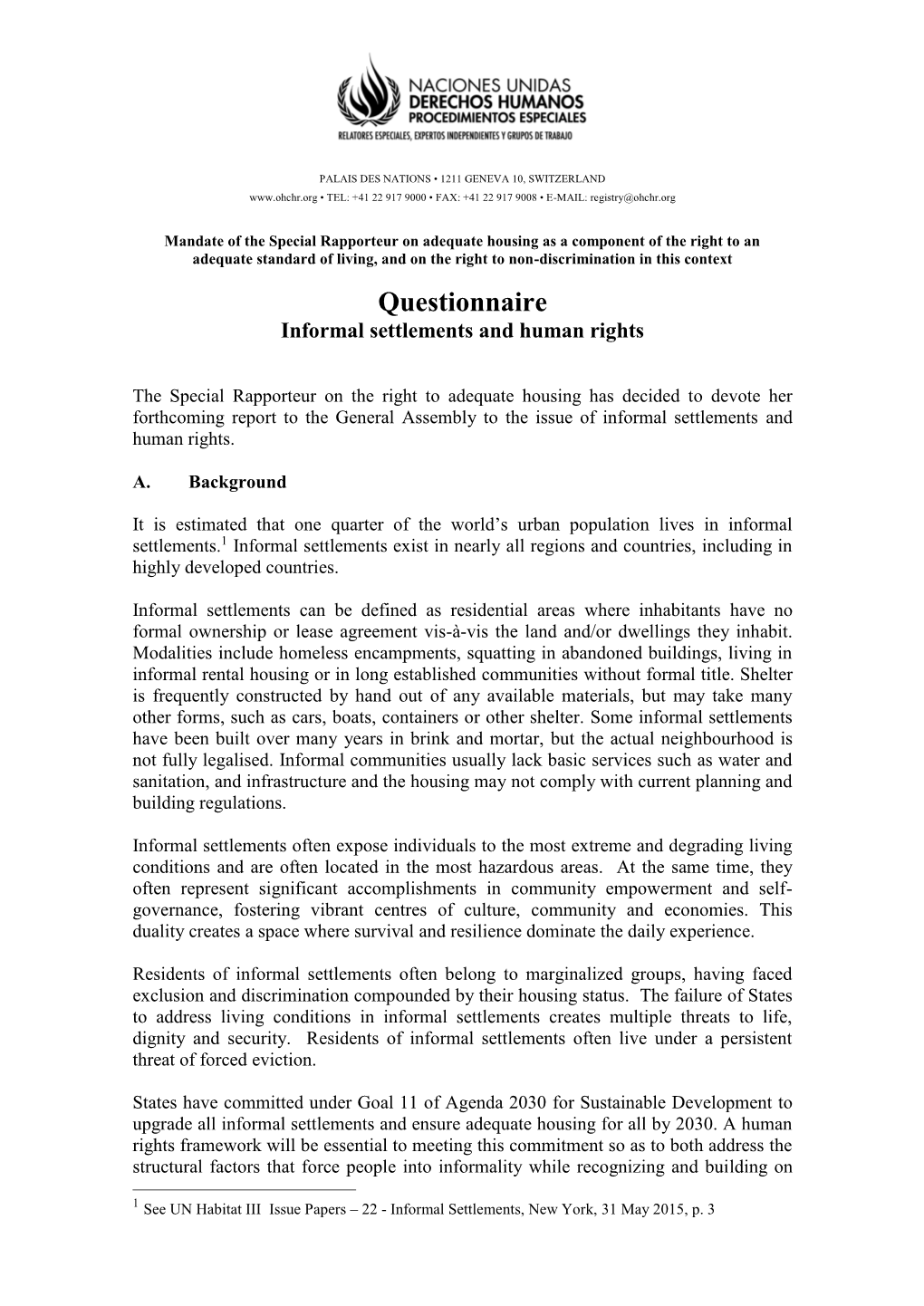 Questionnaire Informal Settlements and Human Rights